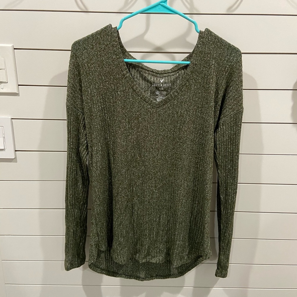 AE Soft & Sexy Long Sleeve Ribbed Army Green Shirt